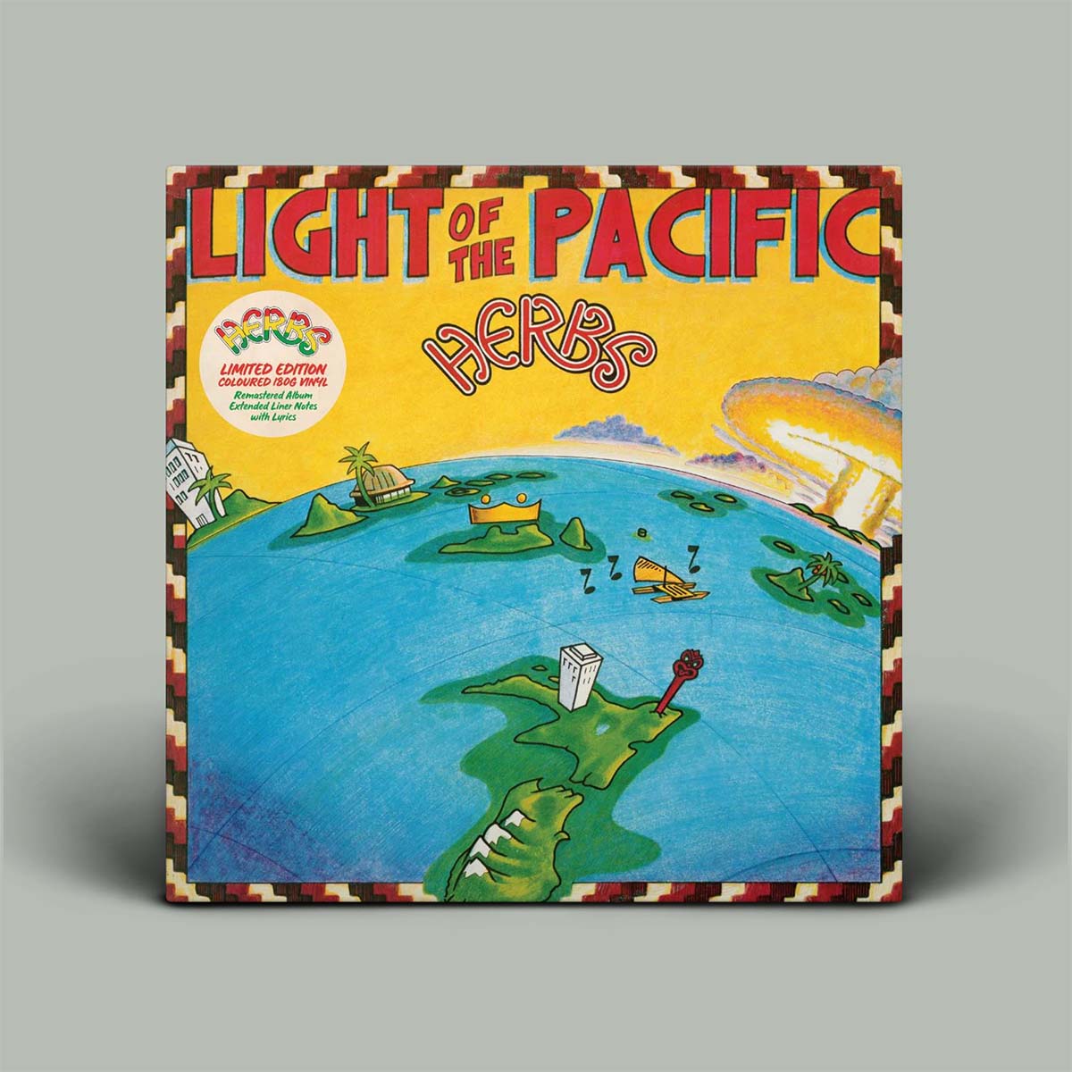 Vinyl record cover for 'Light of the Pacific' by The Berbs with colorful design and text.