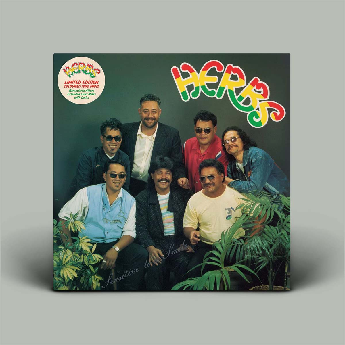 Album cover featuring a group of people with a colorful 'HERBs' logo on a gray background