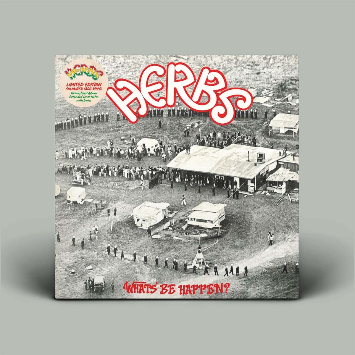 Album cover of 'HERBS' with a black and white scene and red text on a gray background
