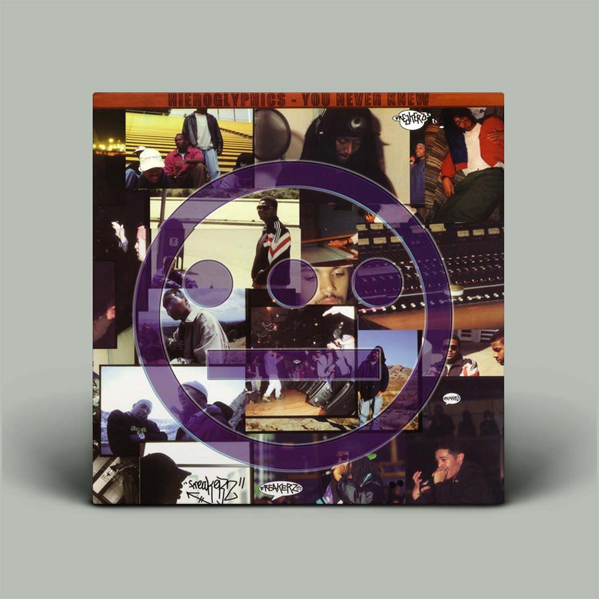 A vinyl record sleeve for 'You Never Know' by The Polyphists, featuring a collage of black-and-white and color photographs with a large translucent purple circular graphic overlay, shown on a neutral gray background.