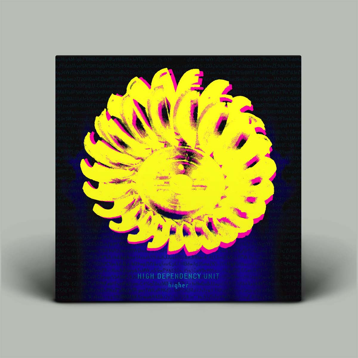 Album cover with a yellow and pink spiral design on a black and blue background