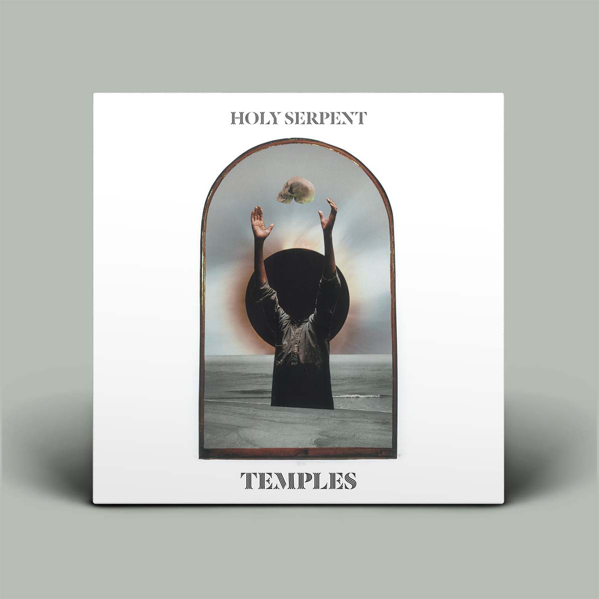 Album cover for 'Holy Serpent' with a person in a black outfit holding an object above their head, on a gray background.