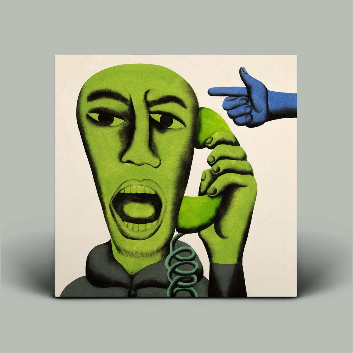 Surreal artwork of a green face with a blue hand pointing a finger, on a beige background.