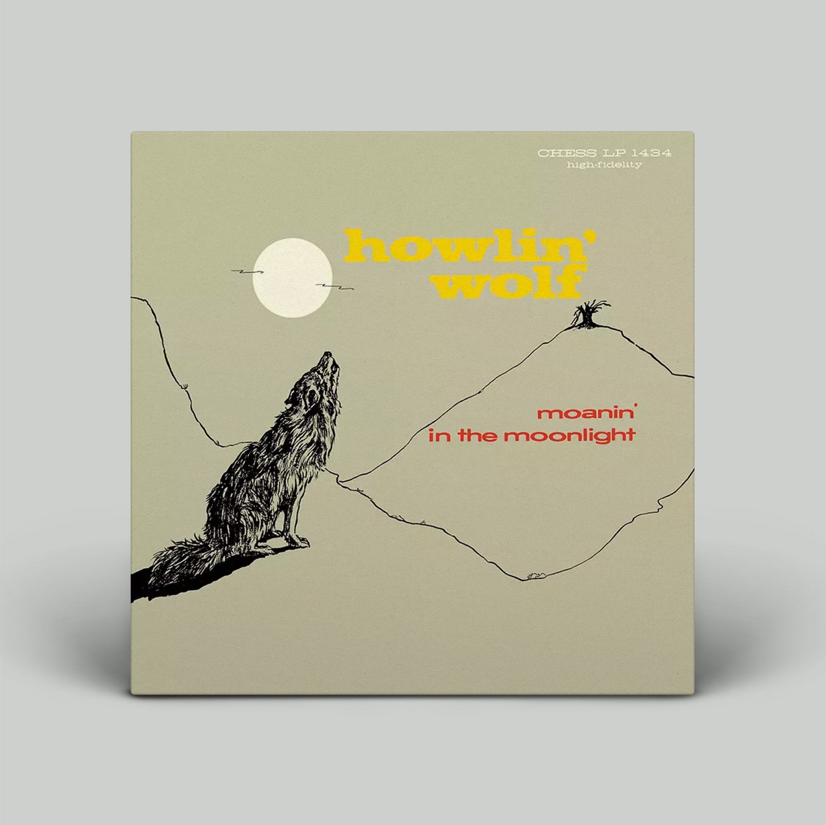 Album cover of 'howlin' wolf' with a wolf howling at the moon and text on a beige background