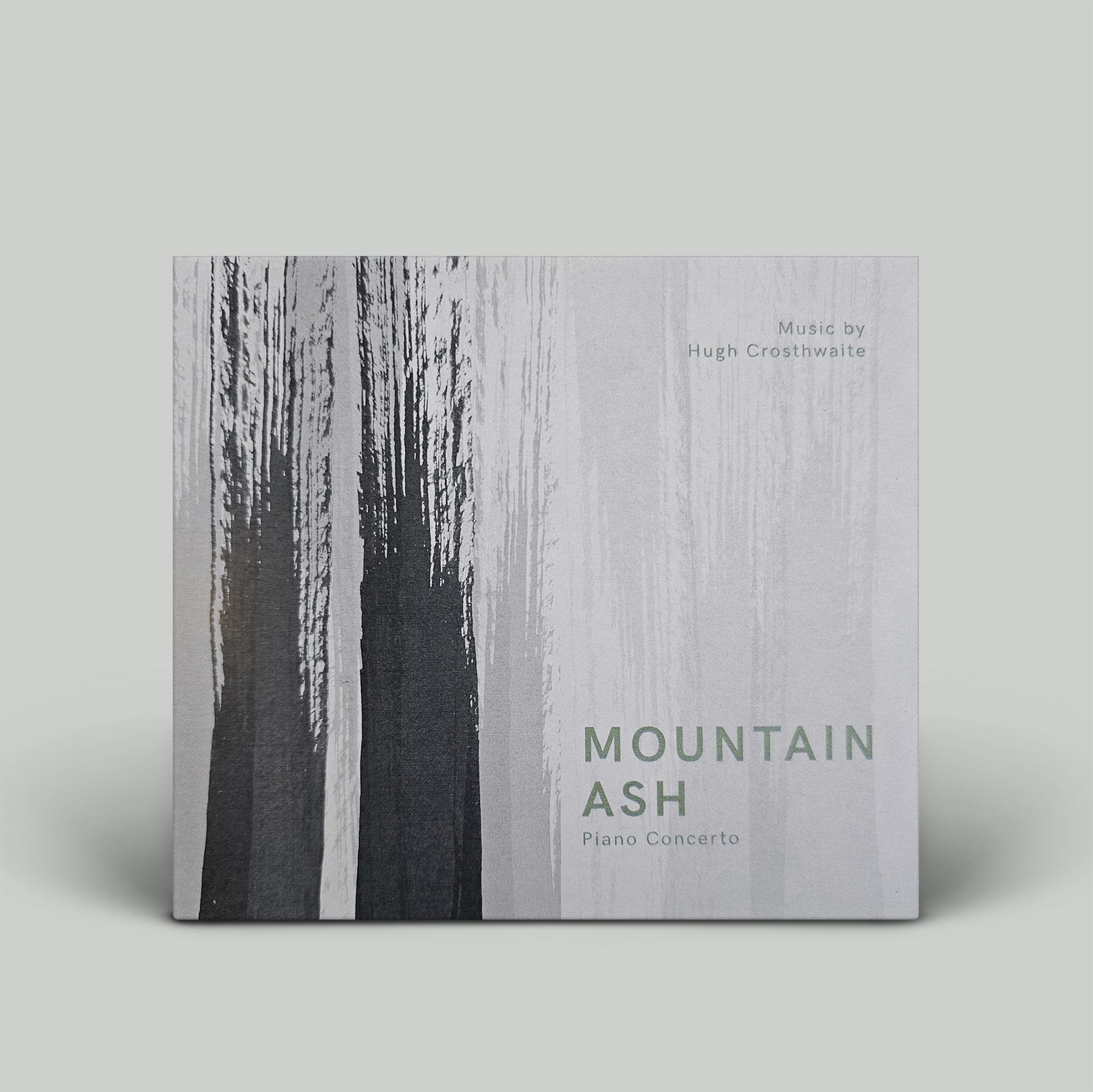 Album cover for 'Mountain Ash' Piano Concerto by Hugh Crosthwaite on a gray background