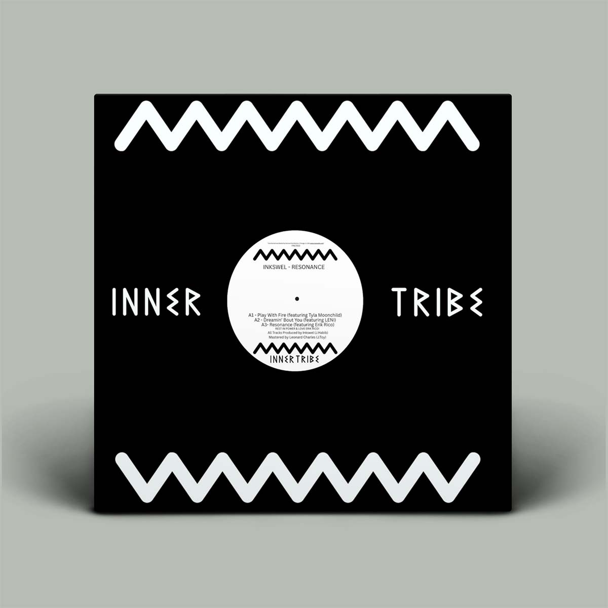 A square black album-style cover or card with white zigzag border graphics and the words INNER TRIBE, centered around a white circular label area, shown on a light gray background.