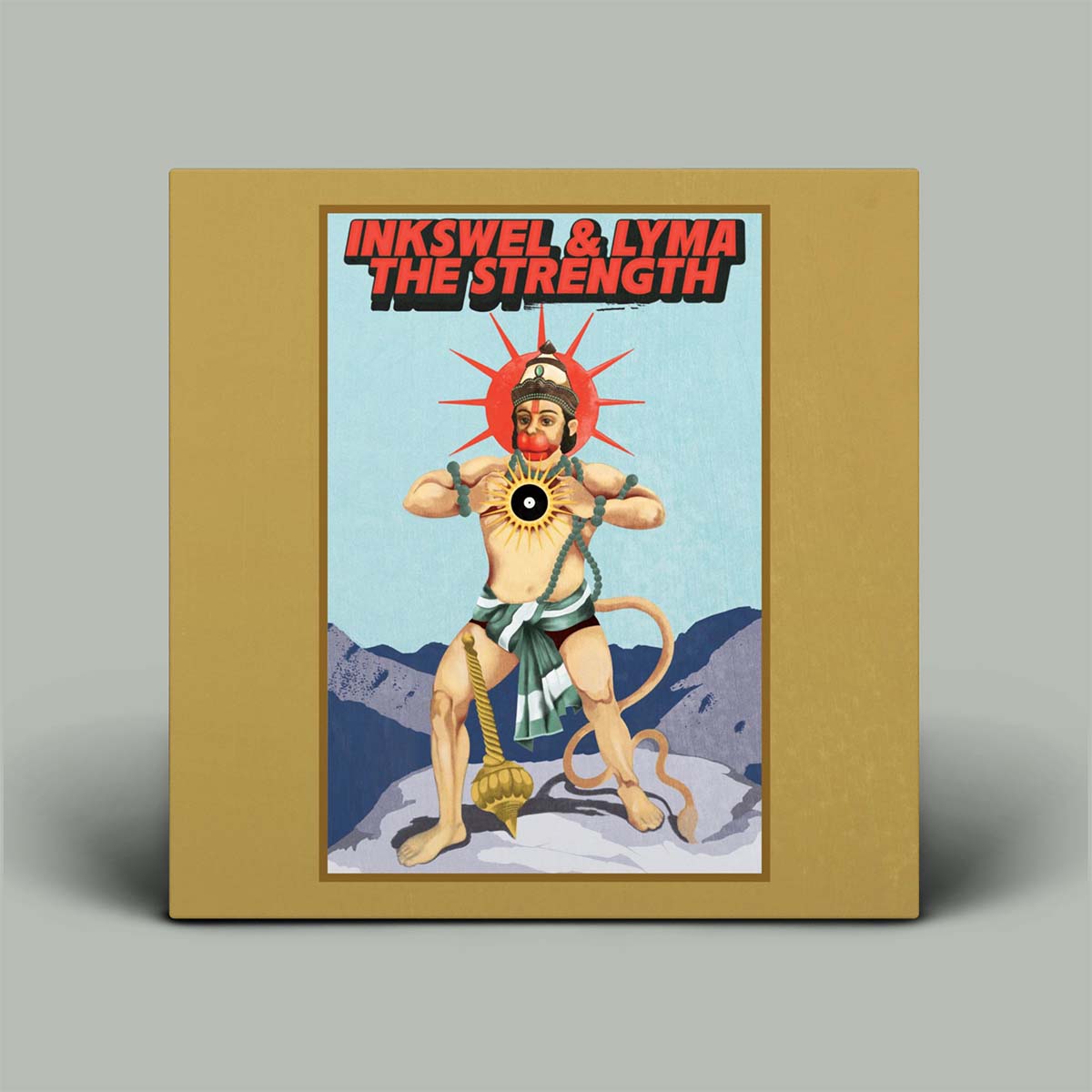 Album cover featuring a retro-style illustration of Hanuman with the text 'INKSWEL & LYMA THE STRENGTH' at the top, displayed against a neutral gray background.