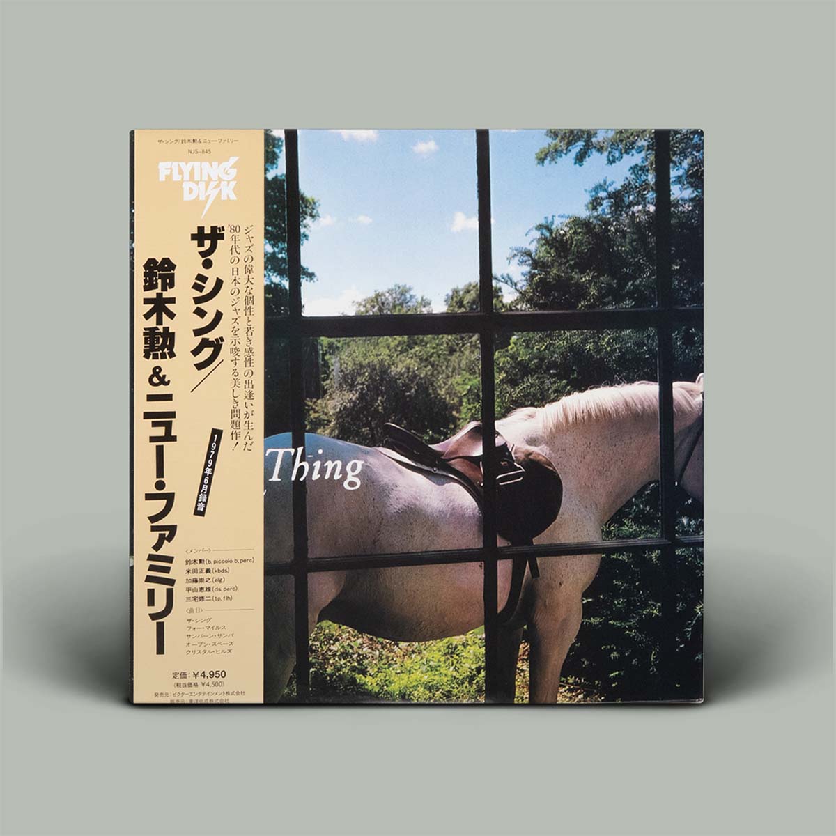 A vinyl record sleeve for the album 'Thing', featuring a photograph of a horse seen through a window grid on the cover, with a beige spine band on the left.