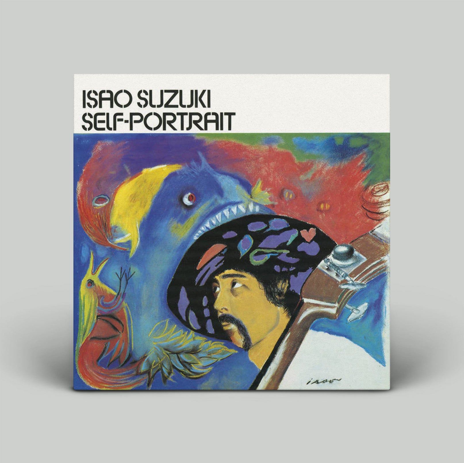 Album cover of 'Isao Suzuki Self-Portrait' with colorful illustration on a gray background