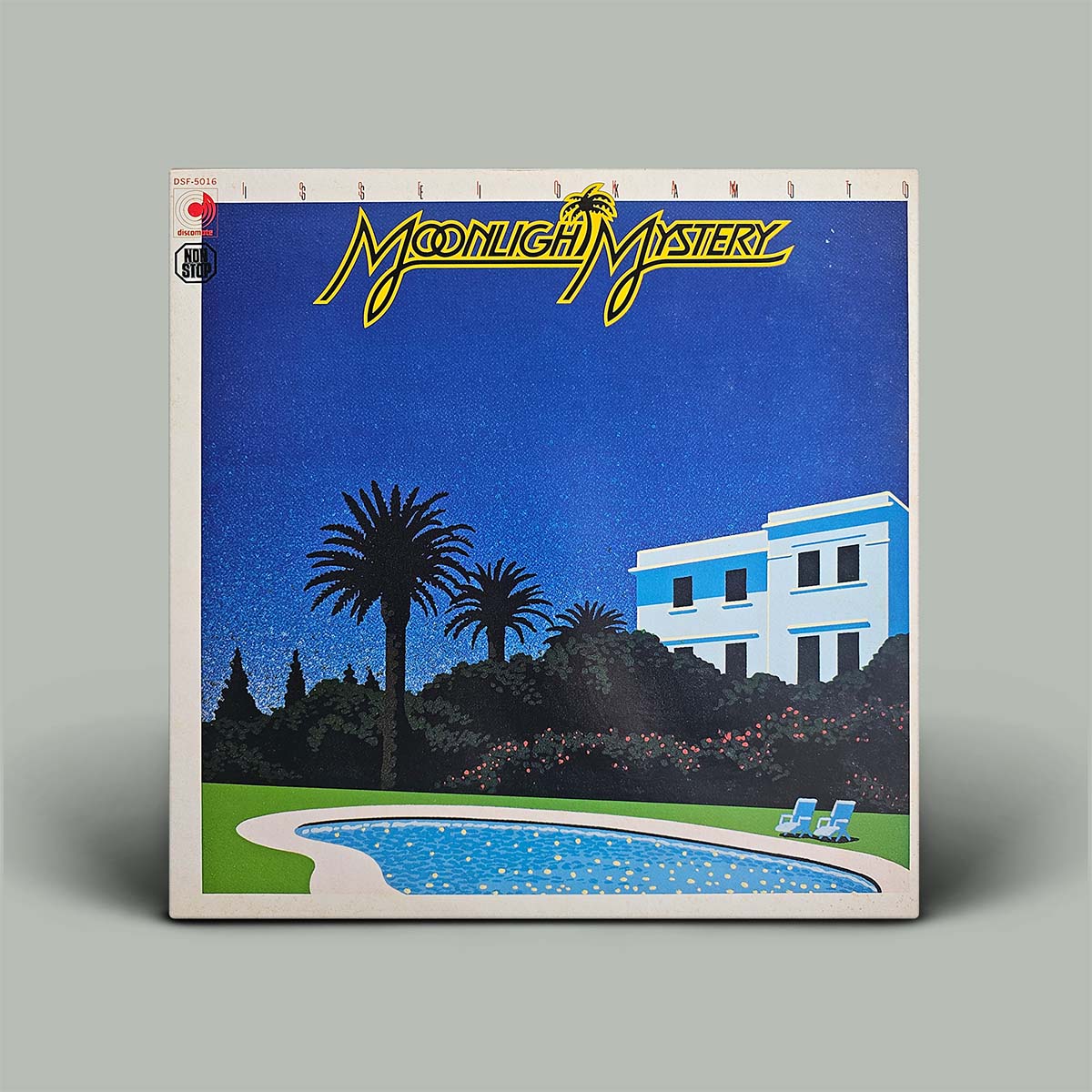 Album cover for 'Moonlight Mystery' with a pool and house scene.