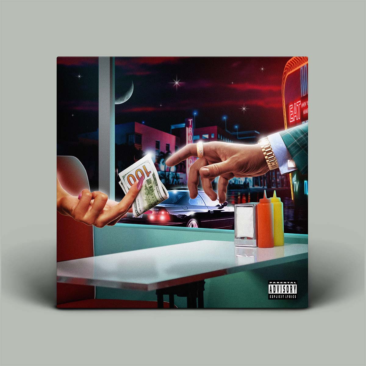 A square album cover or art print featuring a stylized nighttime diner scene with two hands reaching toward each other, one holding cash. The artwork includes neon signs, a car, and a Parental Advisory label in the lower right corner, shown against a plain light gray background.