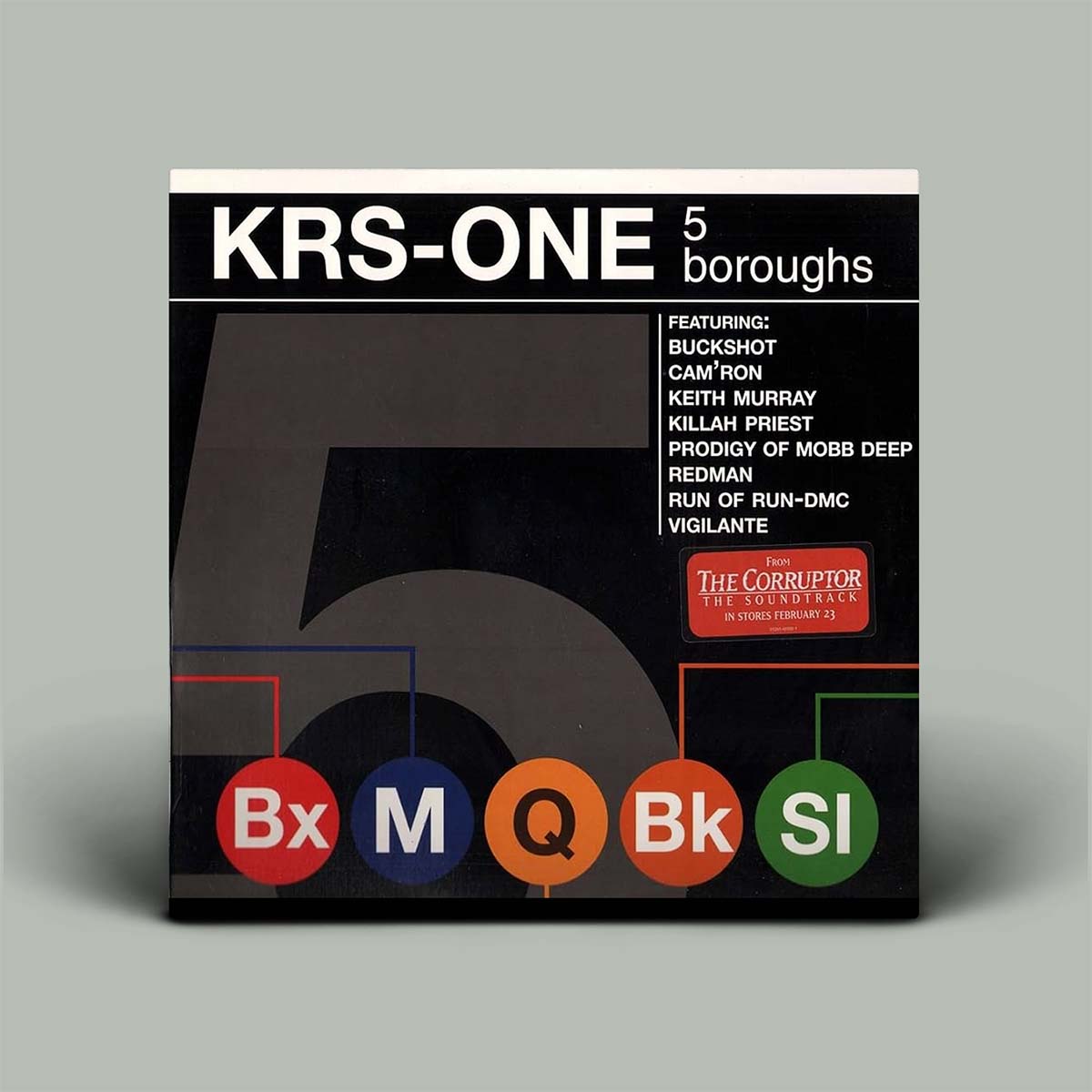 KRS-One's '5 Boroughs' vinyl record cover, featuring a black background with a large gray number 5, colorful letter tiles spelling 'Bx M Q Bk SI', and a red label for 'The Corruptor The Soundtrack'.