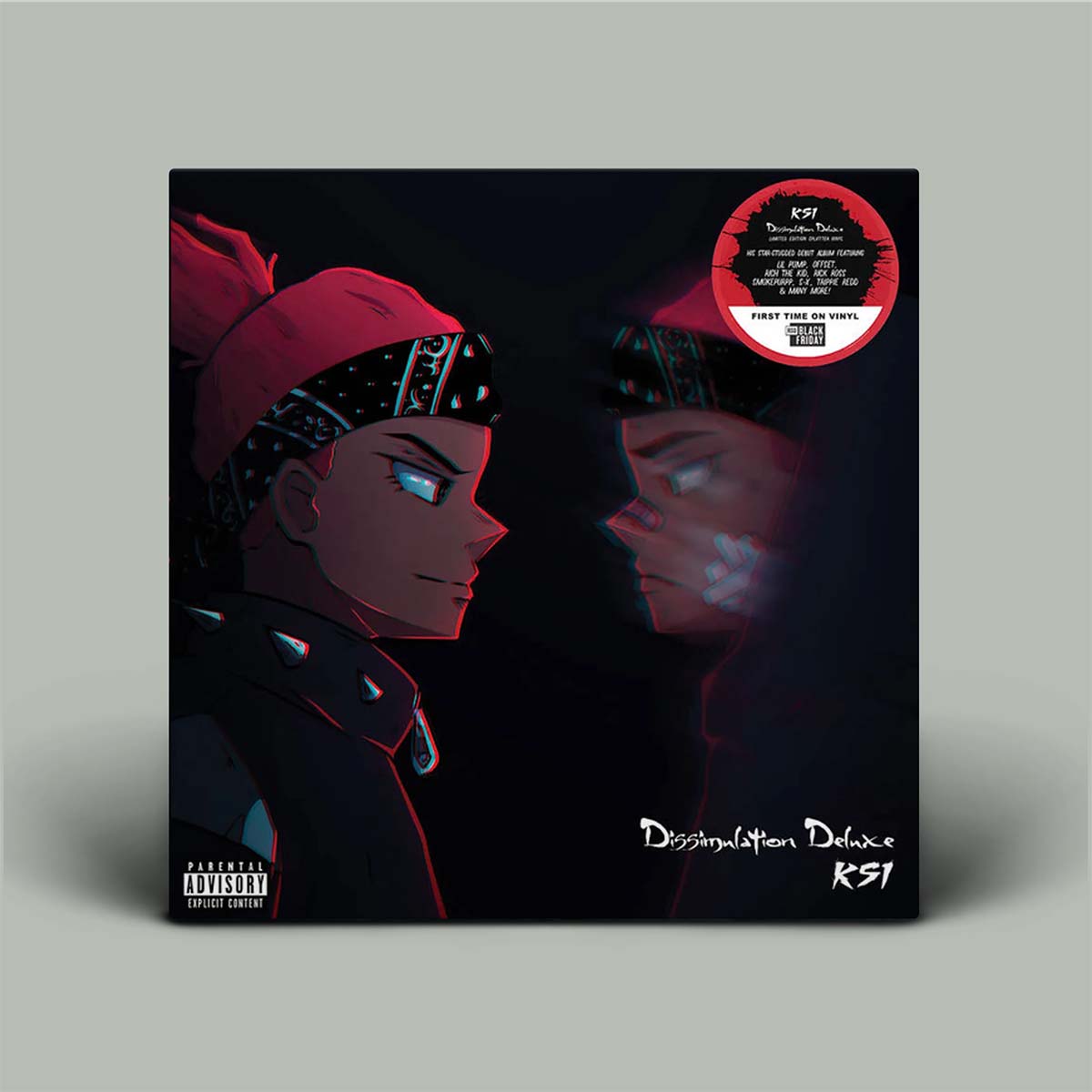 Vinyl record cover with anime-style illustration and red label on a gray background