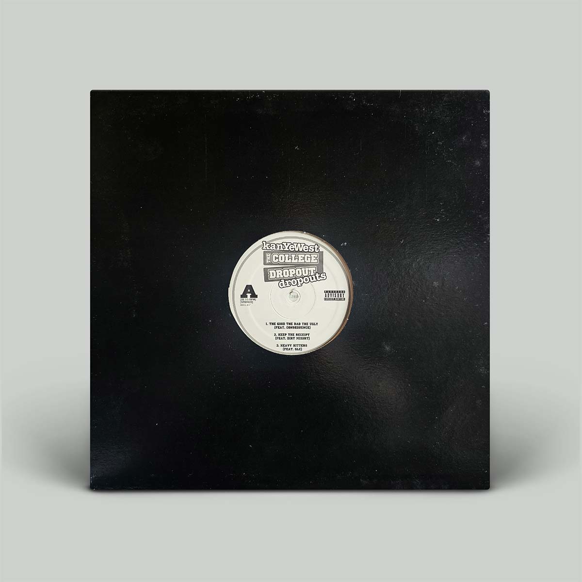 A black vinyl record partially pulled from its black paper sleeve, showing a white circular label with text and a Parenting Authority logo, set against a light gray background.