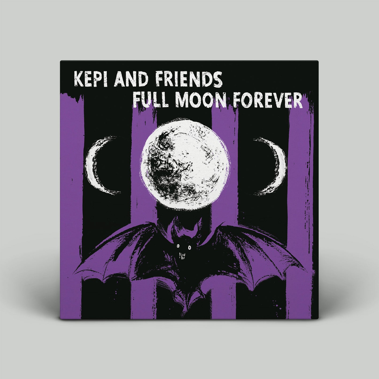 Album cover with a bat and moon design, featuring text 'Kepi and Friends Full Moon Forever' on a purple and black background.