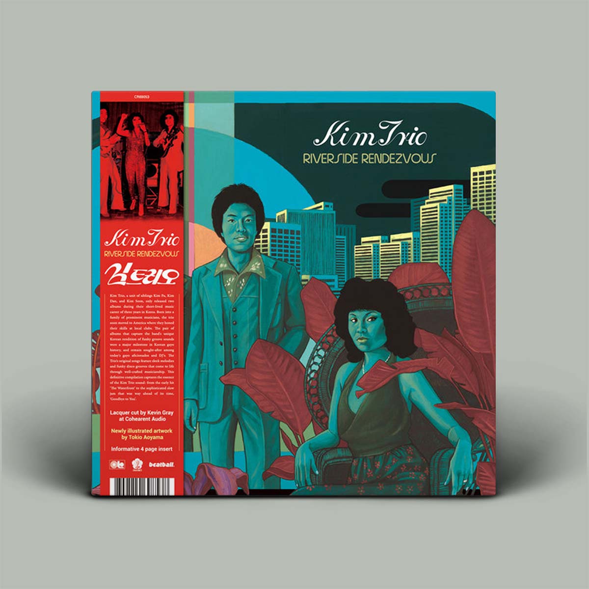 Album cover with illustration of two people and cityscape, featuring the title 'Kim Trio'.