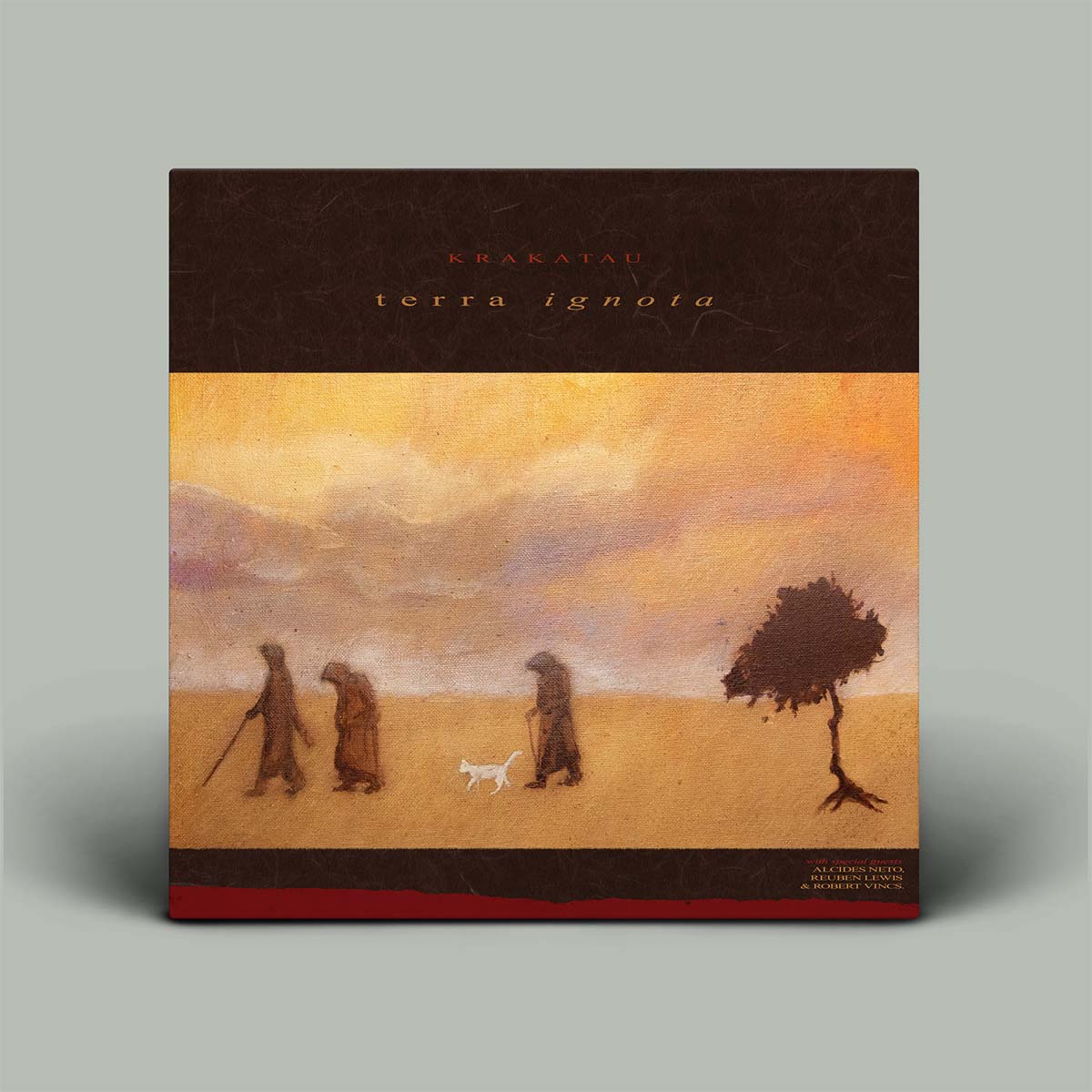 Album cover with desert scene and text 'Krkatau terra ignota' on a gray background