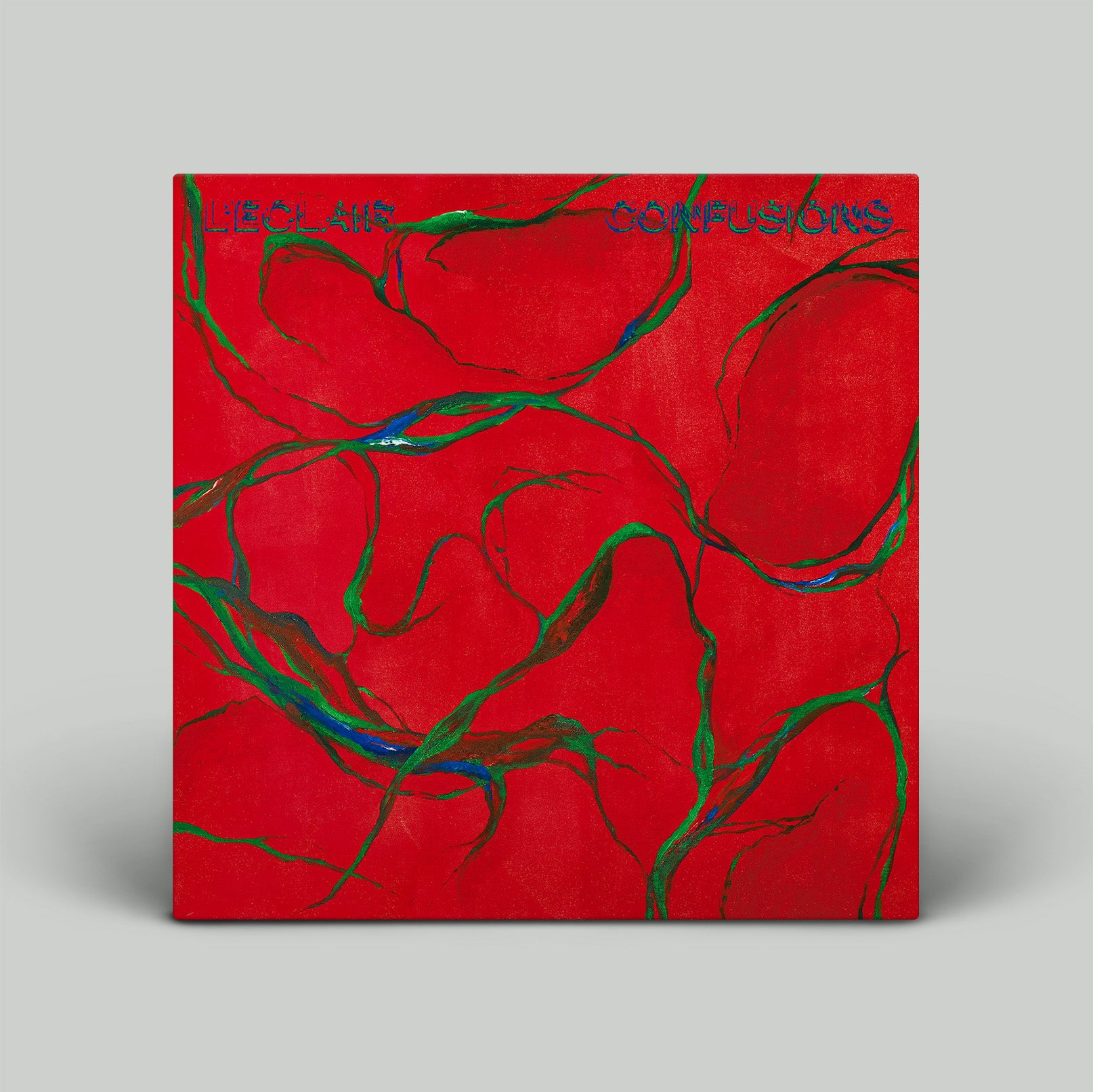 Vinyl record cover with abstract design and text on a red background