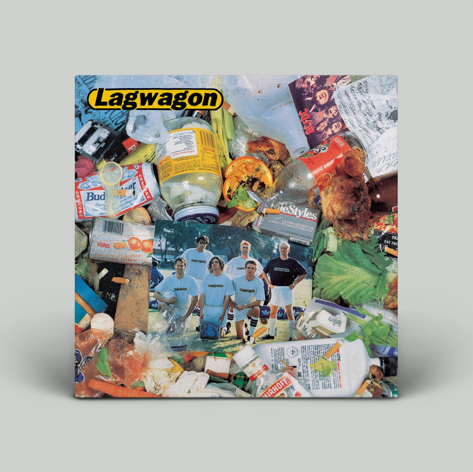 Album cover with 'Lagwagon' band members and various items on a gray background