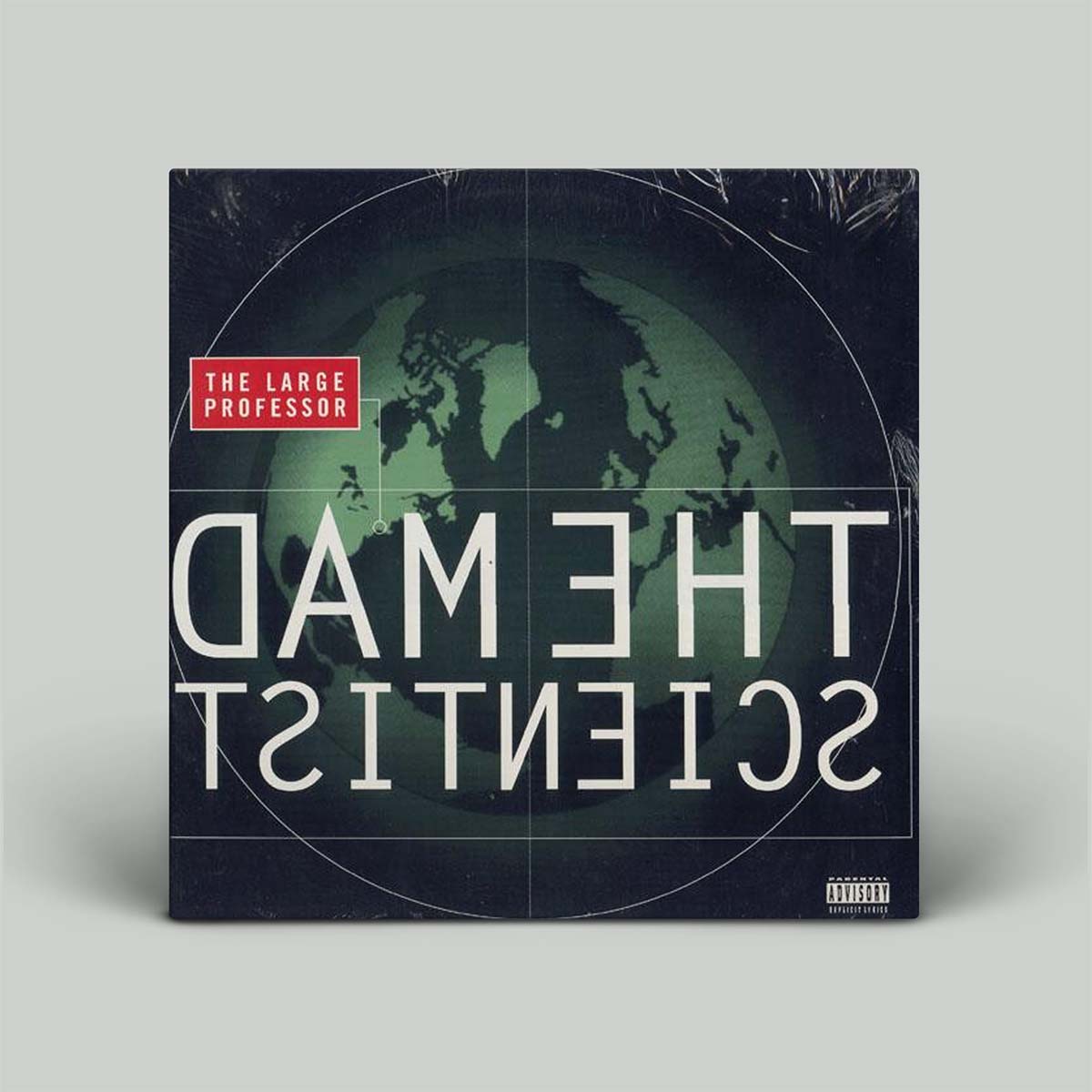 The Large Professor's single 'The Mad Scientist' on a light gray background. The square vinyl-style cover art features a dark green globe on a black background with large white mirrored text and a red artist label.