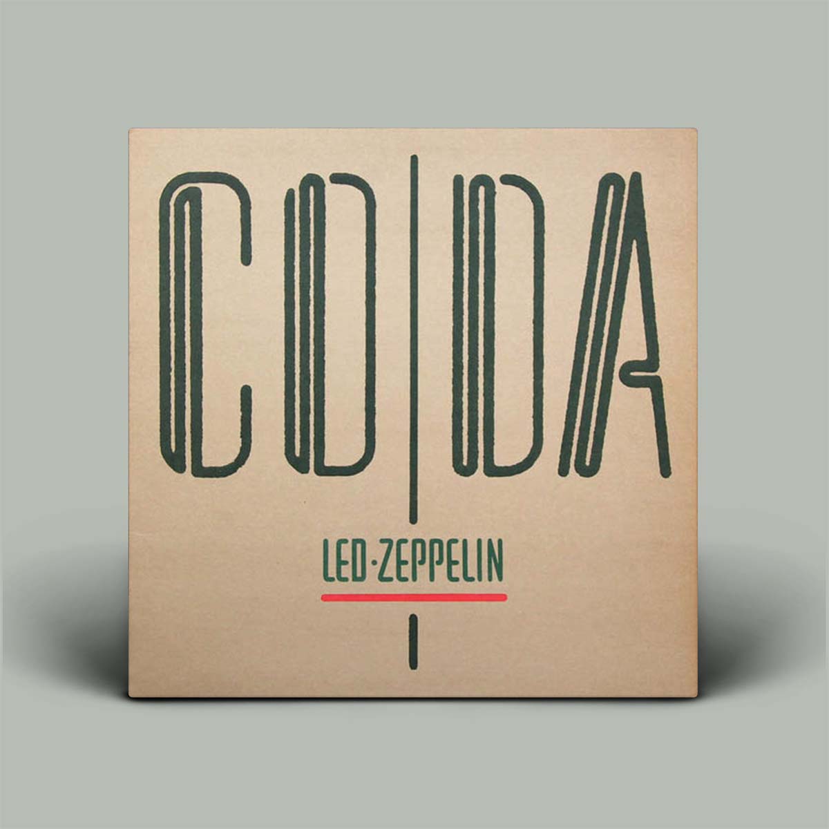 Album cover cardboard coloured with 'Coda' and 'Led Zeppelin' text on a gray background
