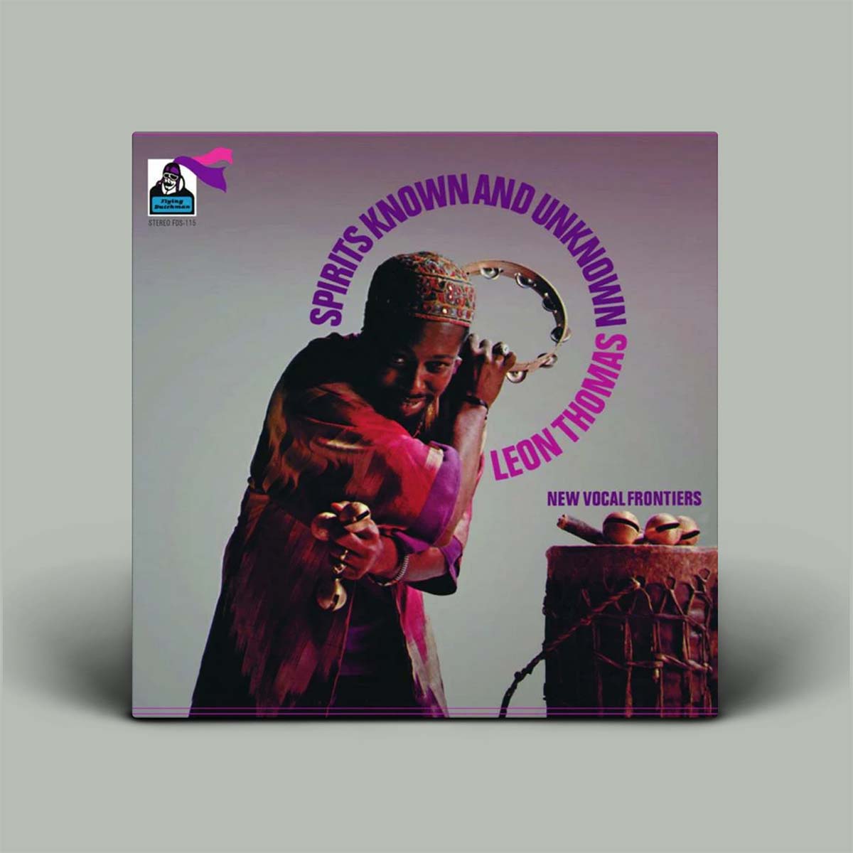 Album cover with photo of Leon Thomas holding a tambourine with the album name text in a circle.