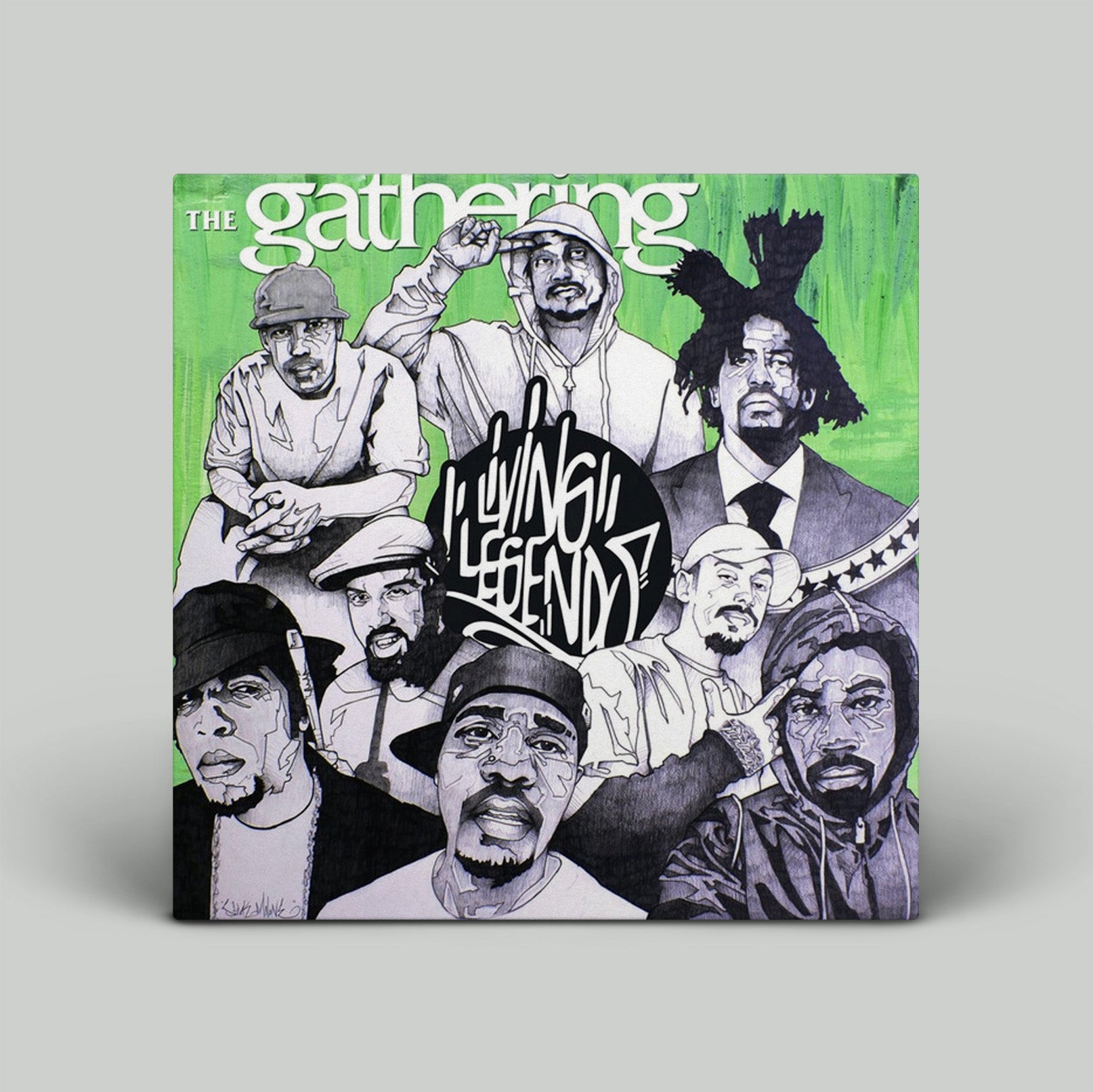 Album cover for 'The Gathering' by Living Legends with black and white illustrations on a green background.