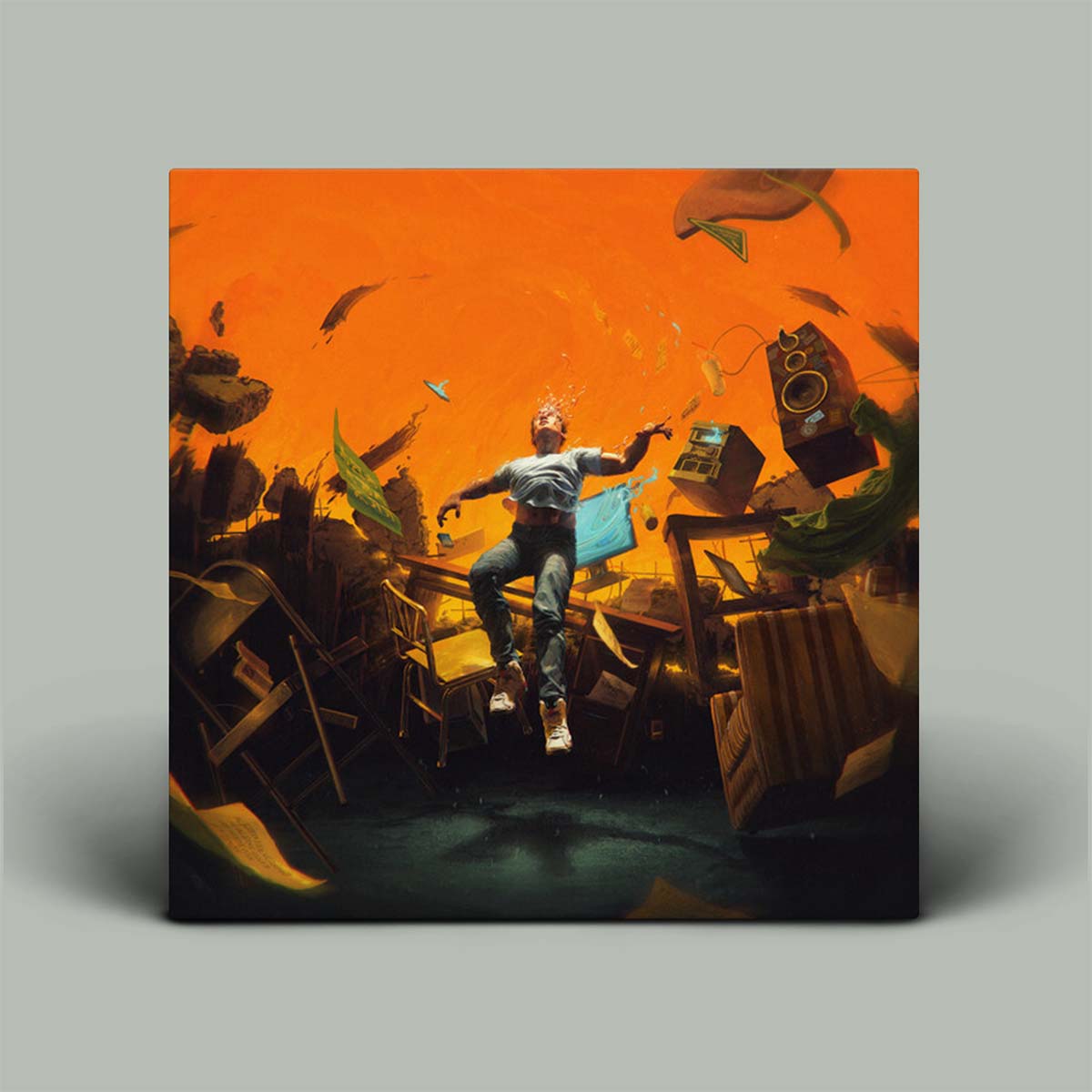 Album cover with a person sitting on a chair amidst floating objects and a bright orange background
