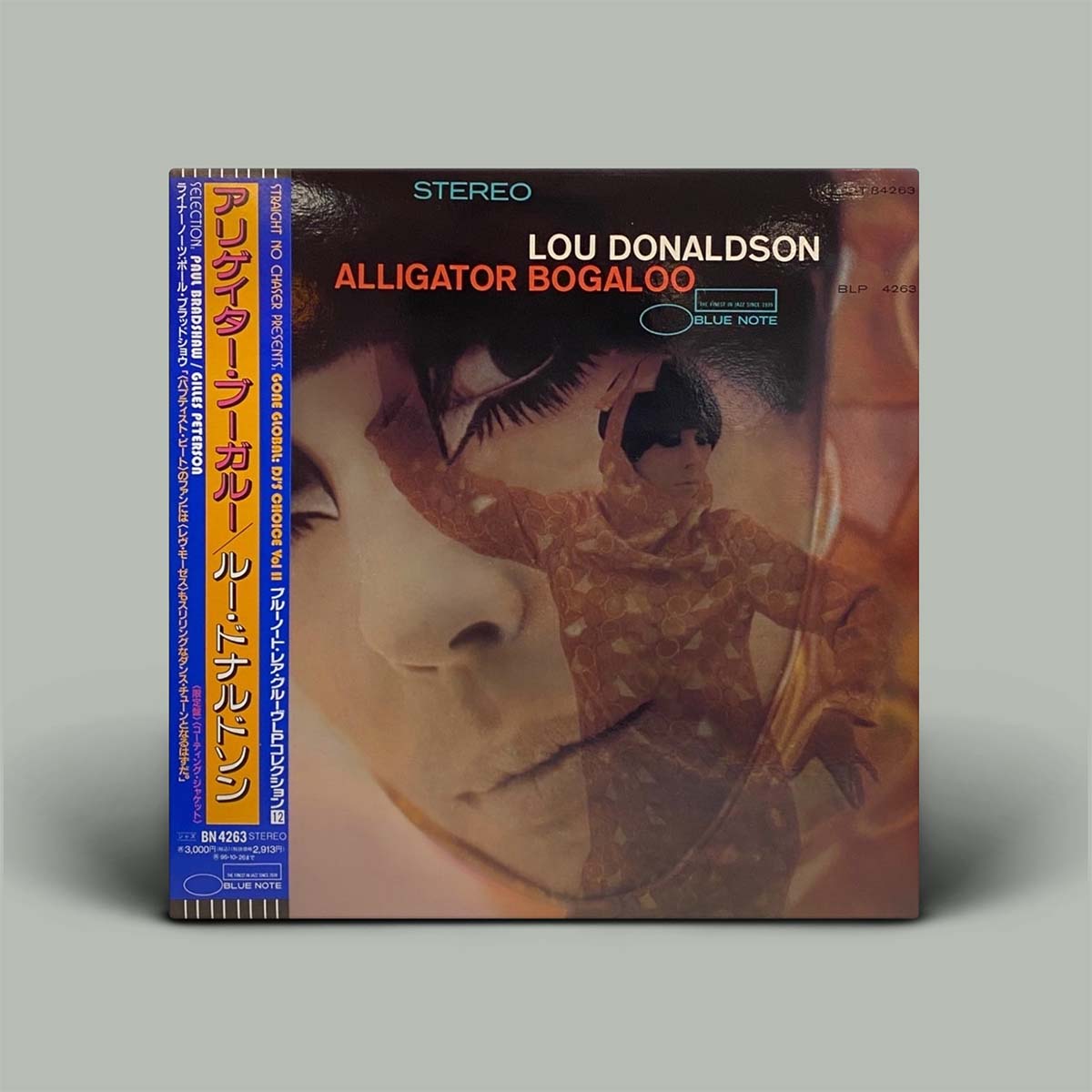 Vinyl record cover with a person playing guitar and text on a gray background