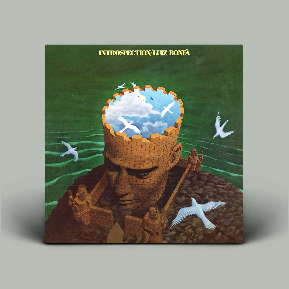 The album cover for 'Introspection' by Luiz Bonà, displayed as a square product mockup on a neutral gray background. The cover art features a detailed illustration of a stone face forming a wall, with a bright blue sky and white clouds bursting from the top, surrounded by flying white birds on a green background.