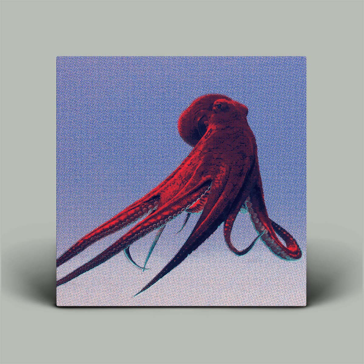 Red octopus on a textured blue and gray background