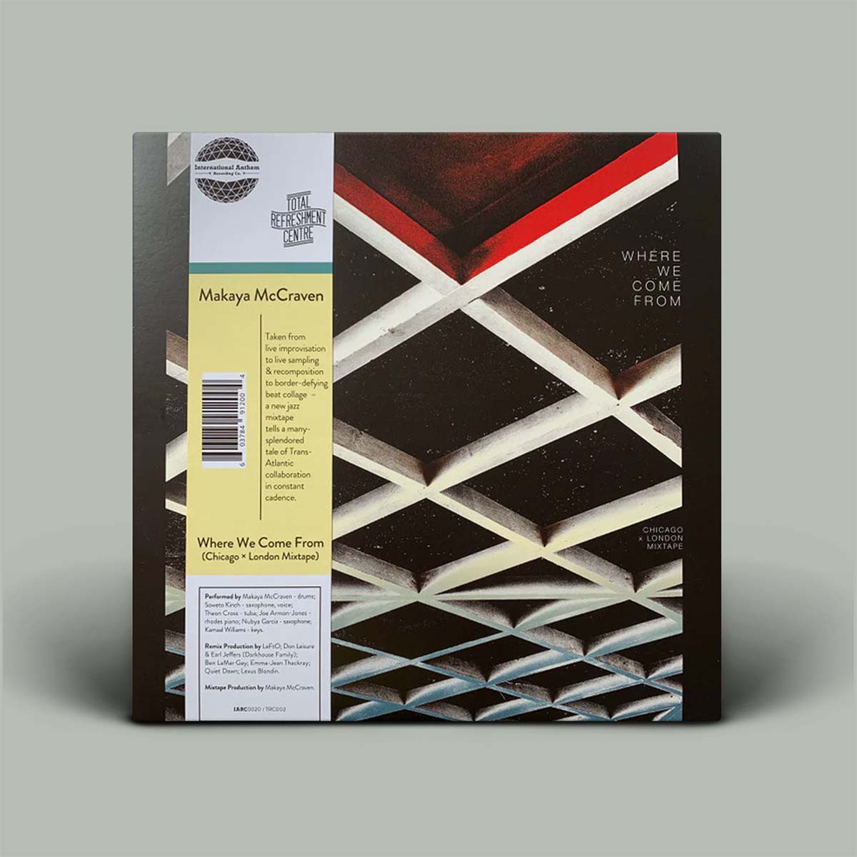 Album cover with geometric design and text on a gray background