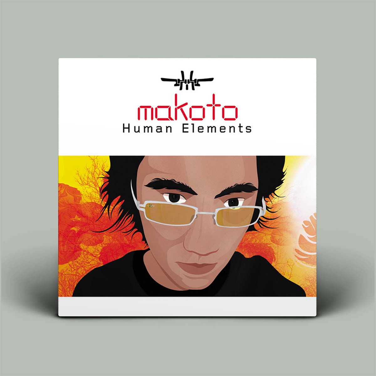 A square product card or print featuring the brand name 'makoto Human Elements' above a stylized illustrated portrait of a person with glasses against a yellow and orange background, shown on a light gray backdrop.