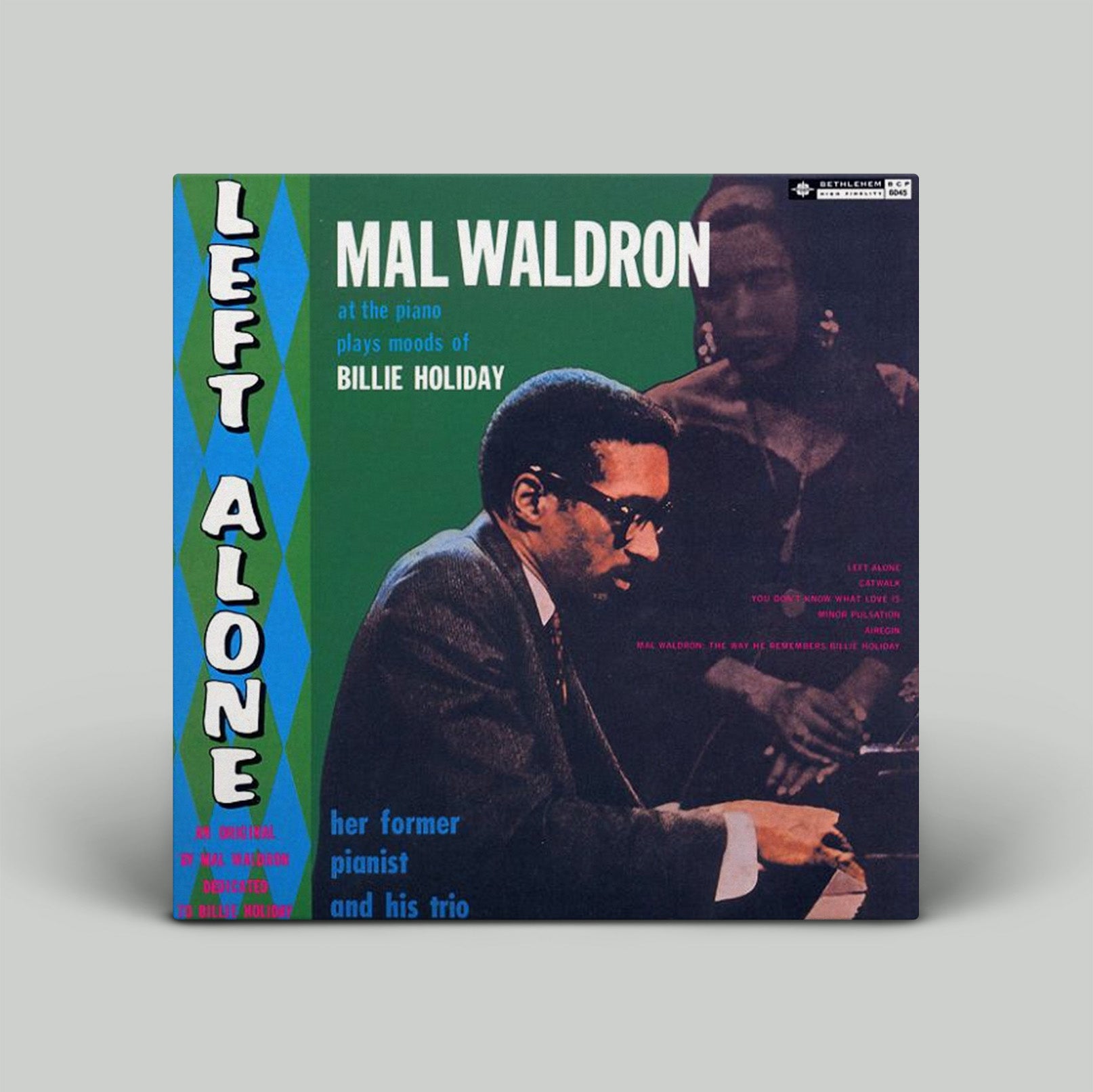 Vinyl record cover featuring Mal Waldron and Billie Holiday with text 'Left Alone' on a gray background