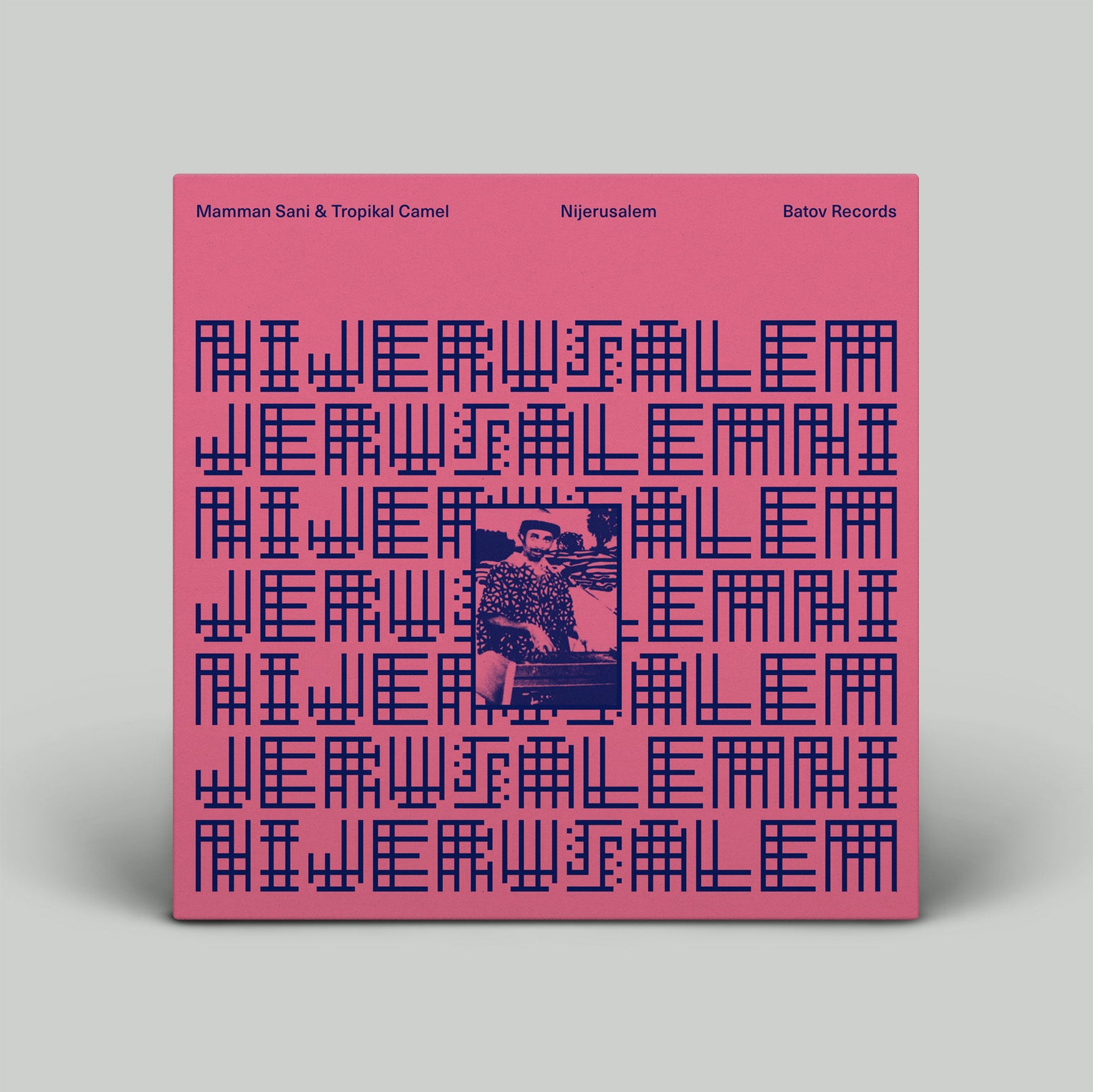 Album cover with pink background and blue text on a gray background