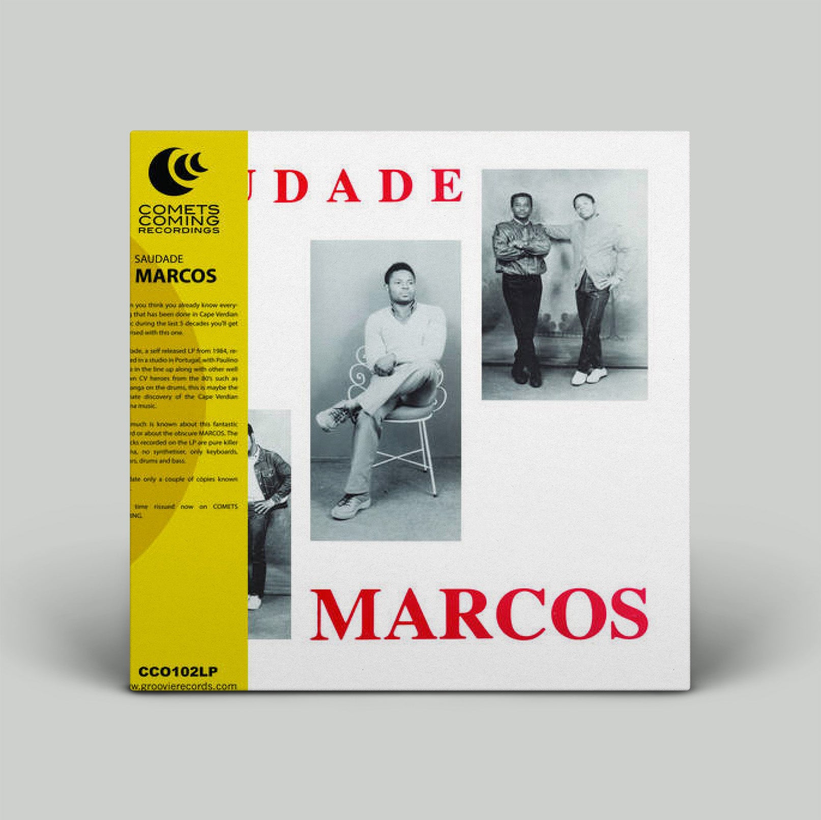 Album cover with black and white photos of a person and text on a yellow and red background