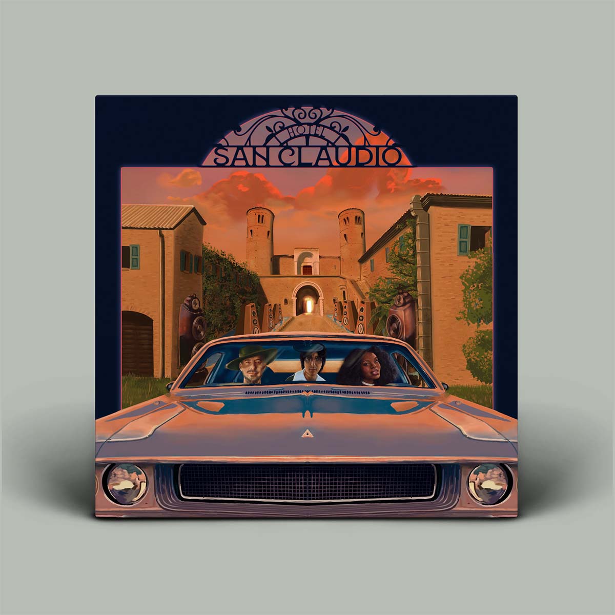 Album cover with vintage car and architectural scene, featuring the band 'San Claudio'.
