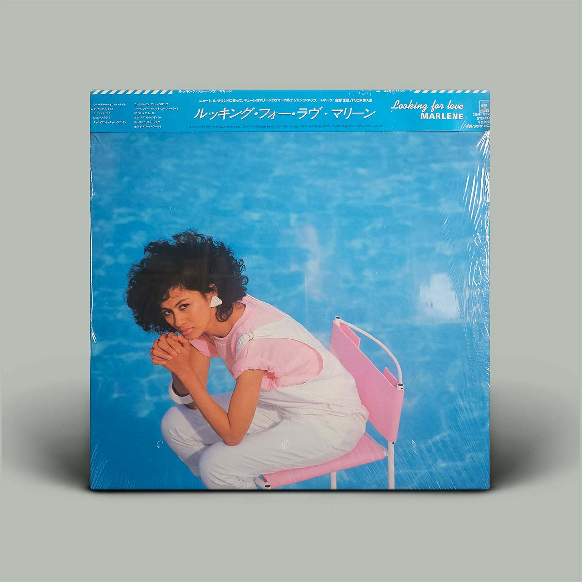 Vinyl record cover with a person sitting on a pink chair against a blue water background