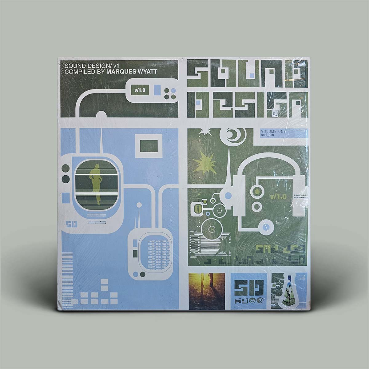 A square vinyl record sleeve for 'Sound Design V4' compiled by Marques Wyatt, featuring abstract digital illustrations in light blue, green, and white on a neutral gray background.