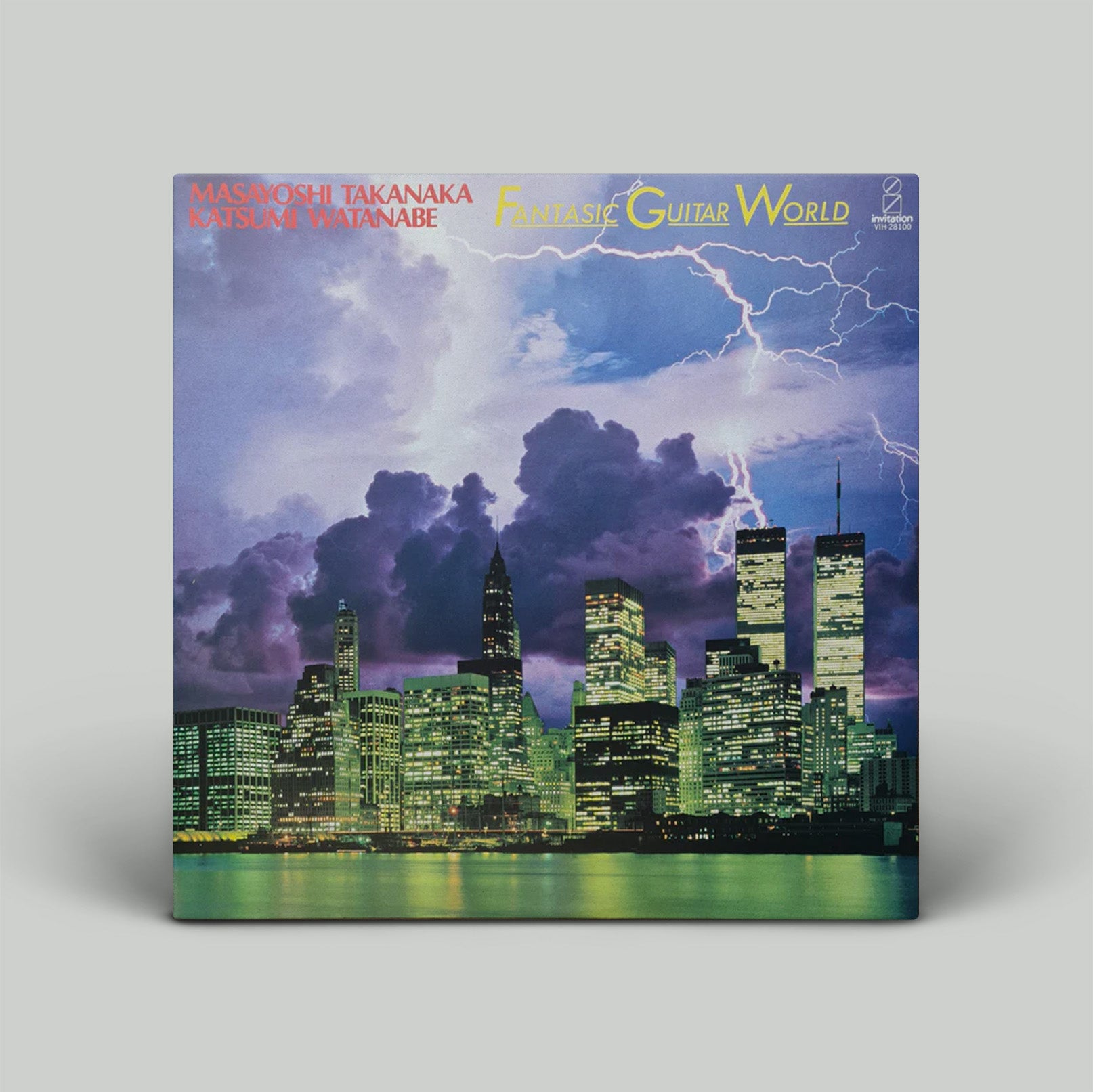 Vinyl record cover with cityscape and lightning, featuring text and logo.