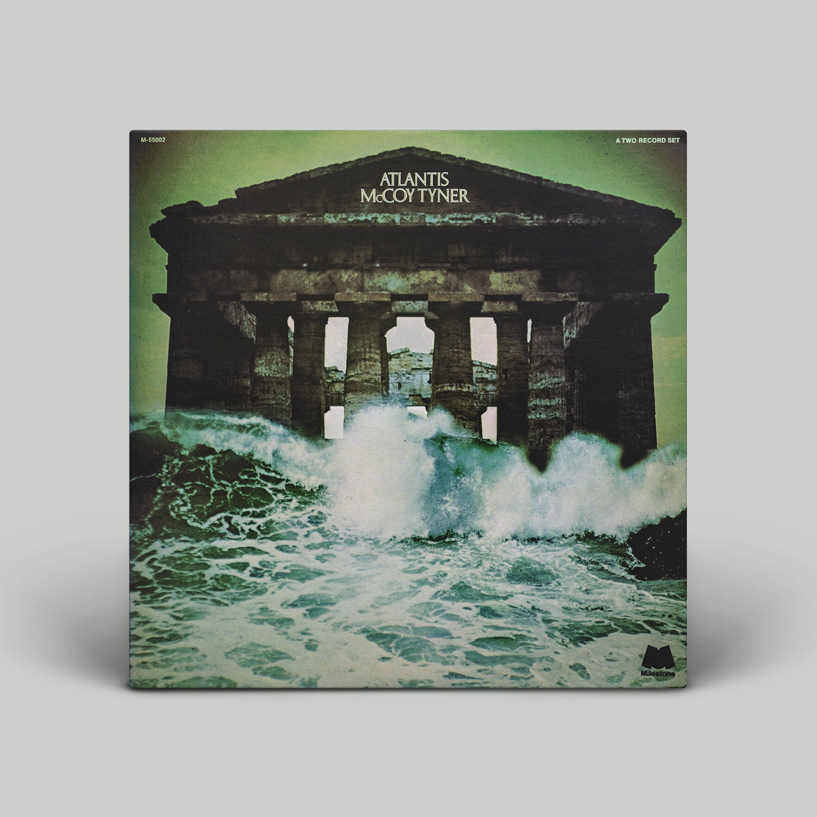 Vinyl record cover with classical architecture and ocean waves
