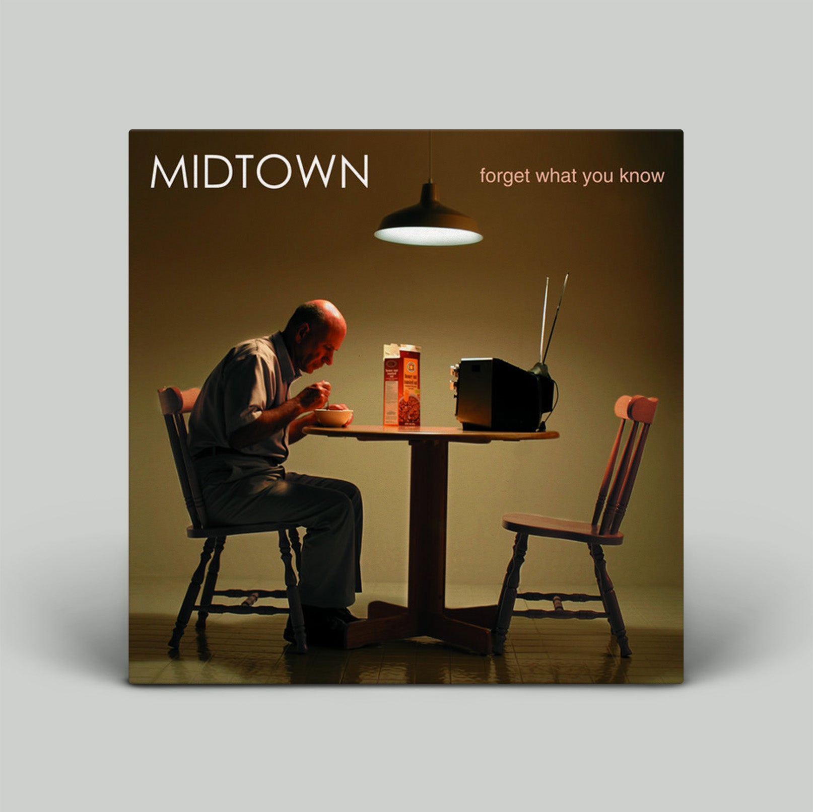 Album cover with a person sitting at a table, text 'MIDTOWN' and 'forget what you know'.