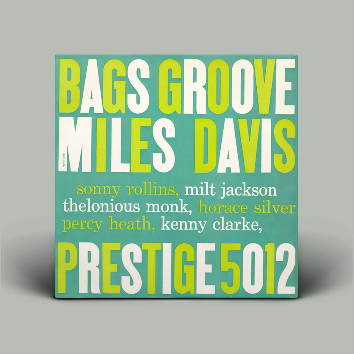 Album cover for 'Bags Groove' by Miles Davis featuring colorful text on a teal background.