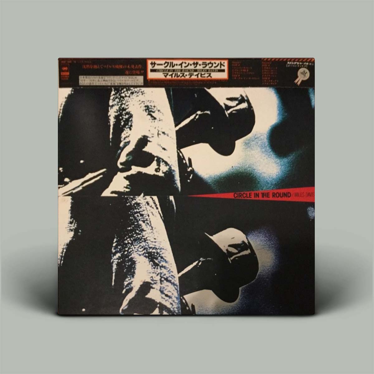 Vinyl record cover with a stylized image of a person playing guitar on a gray background