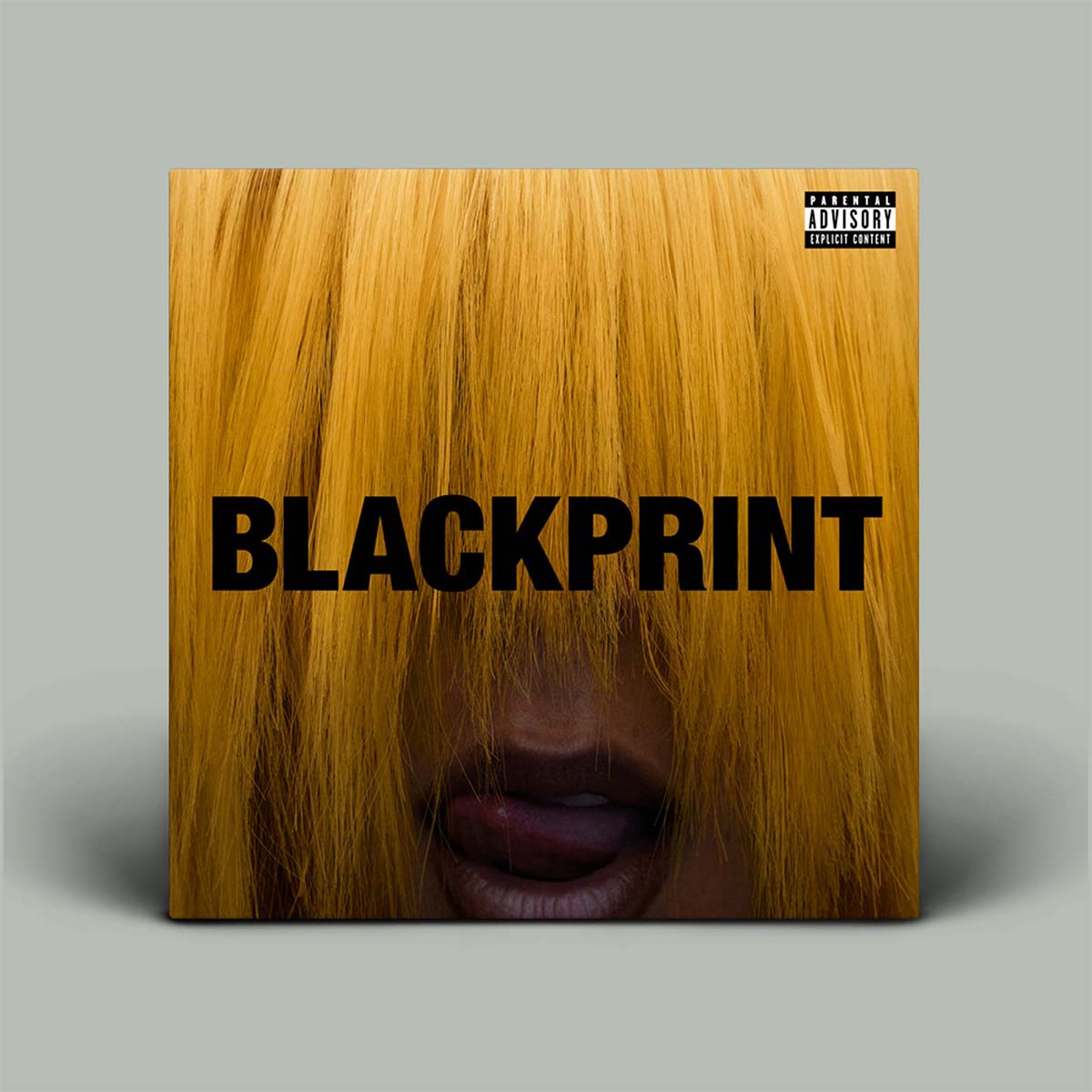 A square album cover for 'BLACKPRINT' featuring a close-up of golden-yellow hair obscuring a person's face, with bold black title text and a Parental Advisory label in the top-right corner, shown on a light gray background.