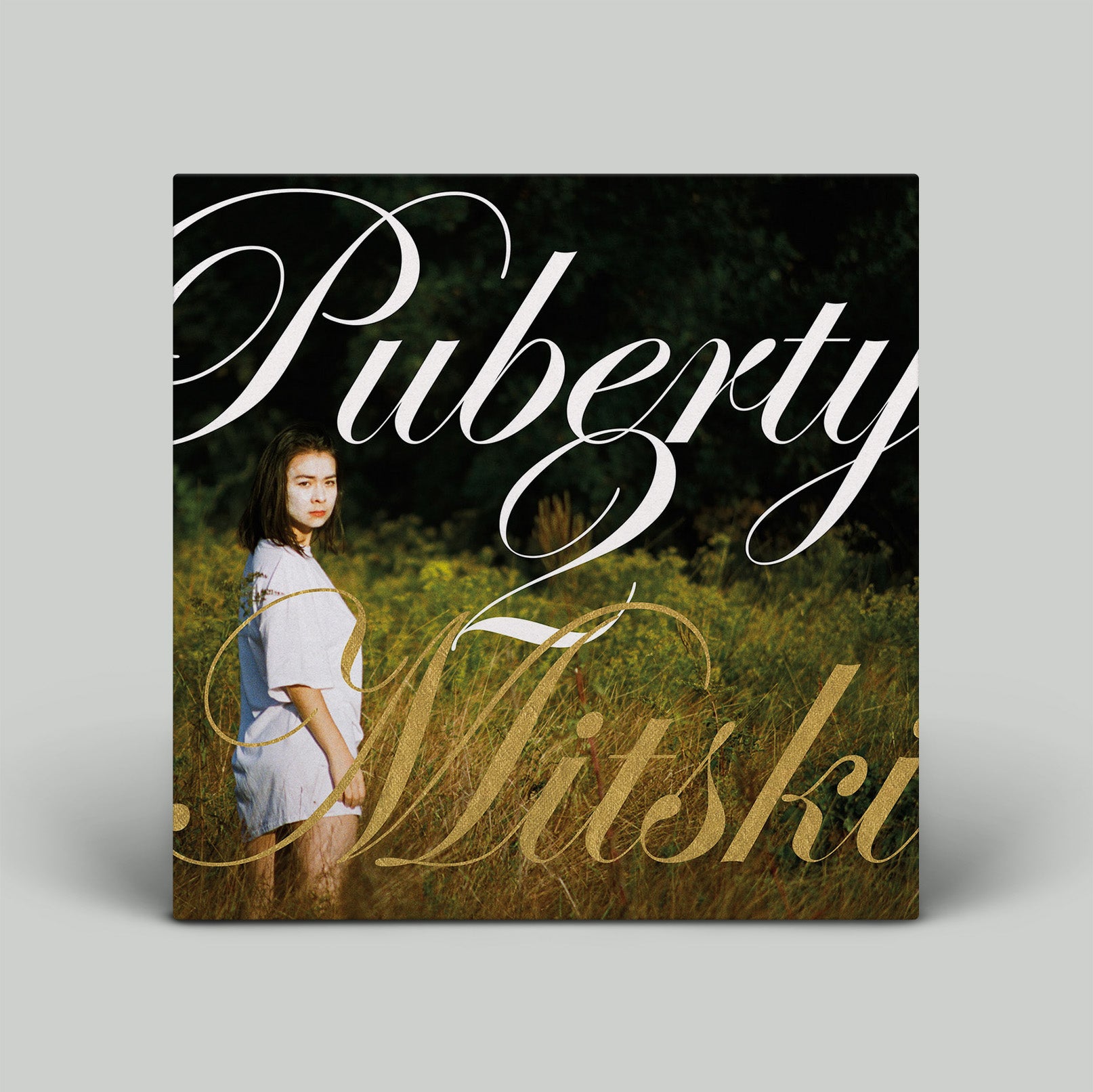 Album cover with a person in a field and text 'Puberty 2 Mitski' on a black background