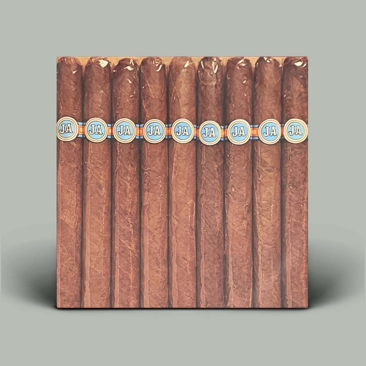An image of a set of cigars, each with a logo that resembles a record label, displayed in a neat row against a plain background.