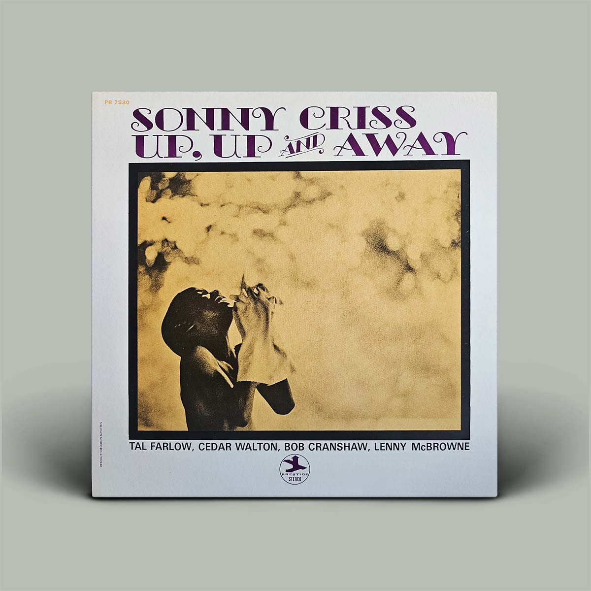 A vinyl record album cover for 'Up, Up and Away' by Sonny Criss, featuring a sepia-toned illustration of a person holding a cloth, set against a light gray background.