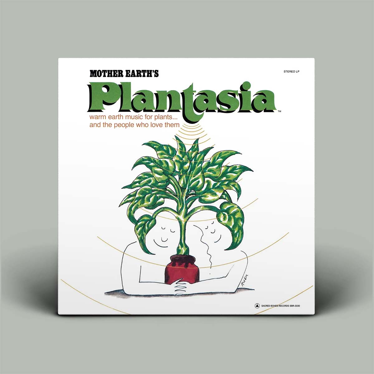 A square album cover for Mother Earth's Plantasia, featuring a white background with green title text and an illustration of a smiling person holding a large green plant in a red pot. The cover is shown standing against a light gray background.