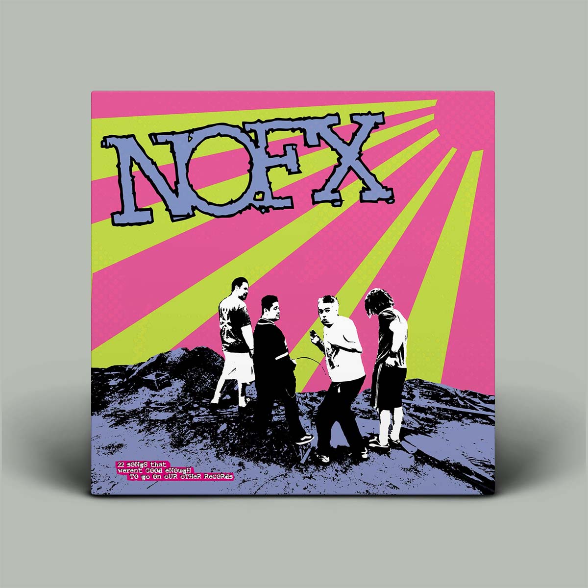A square album cover for NOFX, featuring a vibrant pop-art design with pink and lime green rays, the band's name in large blue letters, and four figures standing on a dark landscape. The cover is displayed against a neutral gray background with a soft drop shadow.